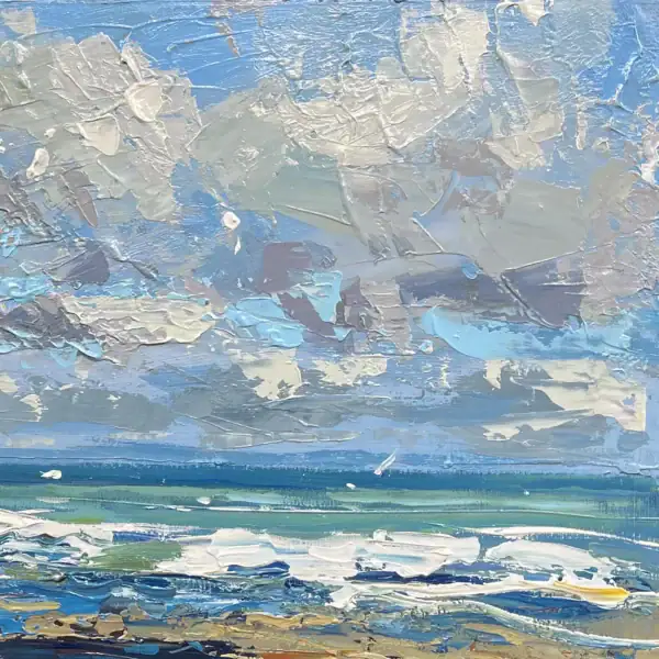 Macro detail of the textured cloudy sky painted with thick layers of oil paint, highlighting the modern impressionist style.