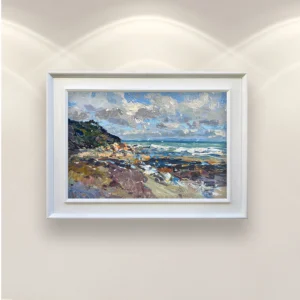 Dynamic beach oil painting on canvas displayed in a bright interior, hand-painted modern impressionist artwork with expressive coastal movement