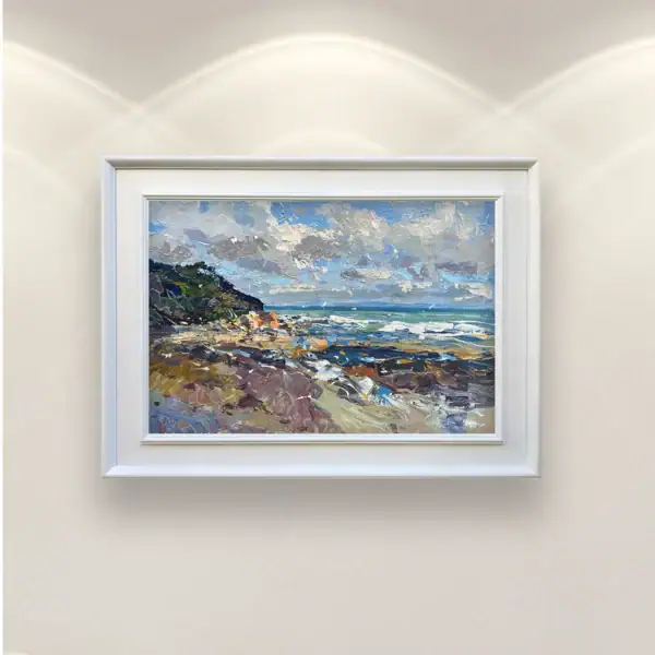 Original Tuscany coastal oil painting in an elegant white frame, displayed on a gallery wall with professional spotlighting.