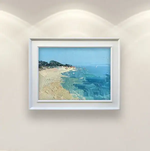 Original sunny beach oil painting by Agostino Veroni displayed in a modern beige interior with spotlights, perfect for coastal-themed wall decor.