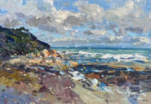 Original horizontal oil painting of a rocky Tuscany coast by Agostino Veroni, featuring a turquoise sea, dark cliffs, and a textured cloudy sky with palette knife impasto.
