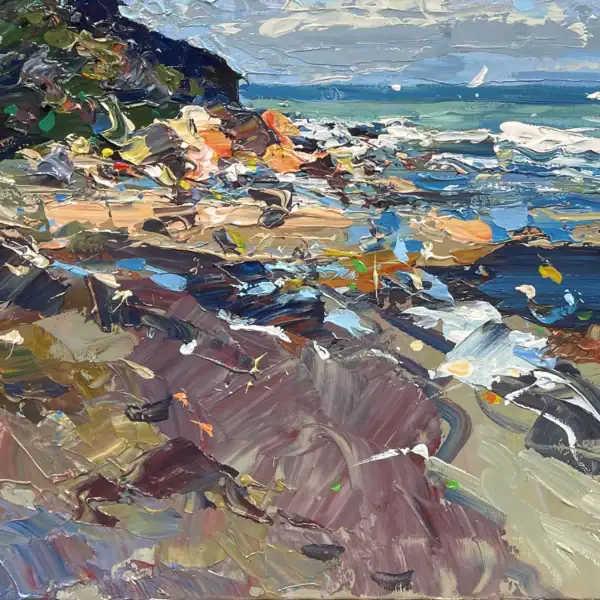 Detailed view of the dark rocky shoreline and rugged cliffs, created with a heavy impasto palette knife technique on canvas.