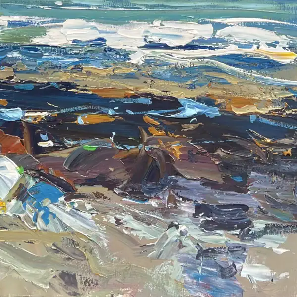Close-up of the vibrant turquoise sea and white-capped waves in Agostino Veroni's Tuscany oil painting, showing dynamic palette knife texture.