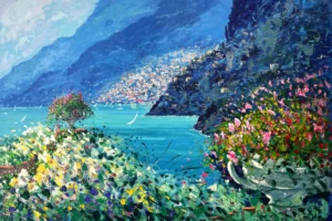 Original Positano landscape oil painting by Agostino Veroni, featuring large vases of pink and white flowers on a terrace overlooking the blue sea and the distant coastal town under a soft sky.