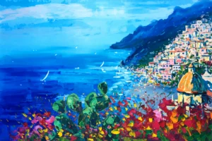 Original Positano oil painting by Agostino Veroni, featuring iconic green cactus and vibrant red flowers in the foreground, with the sun-drenched coastal town and church dome under a bright blue sky.