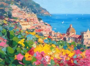 Original Positano oil painting by Agostino Veroni, showing a vibrant coastal view with prickly pear cactus and flowers in the foreground, the blue Amalfi sea, and textured palette knife brushwork on canvas.