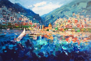 Original Positano oil painting by Agostino Veroni, featuring a white sailing boat on a deep blue sea with the colorful vertical city and church dome in the background, created with vibrant palette knife textures.