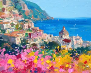 Original Positano oil painting by Agostino Veroni, featuring vibrant pink and yellow flowers in the foreground, the iconic church dome, and the blue Amalfi sea with thick palette knife textures.