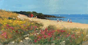 Original panoramic oil painting of a Sardinia beach on wood by Agostino Veroni, featuring pink wildflowers, golden sand, and a deep blue Mediterranean sea with palette knife texture.
