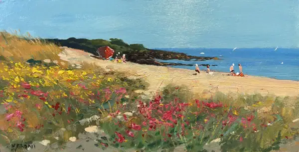 Original panoramic oil painting of a Sardinia beach on wood by Agostino Veroni, featuring pink wildflowers, golden sand, and a deep blue Mediterranean sea with palette knife texture.