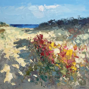Original square oil painting of a Tuscany beach by Agostino Veroni, featuring thick red and yellow wildflowers and a blue sea with palette knife texture.