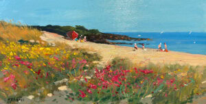 Original panoramic oil painting of a Sardinia beach on wood by Agostino Veroni, featuring pink wildflowers, golden sand, and a deep blue Mediterranean sea with palette knife texture.