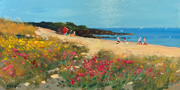 Original panoramic oil painting of a Sardinia beach on wood by Agostino Veroni, featuring pink wildflowers, golden sand, and a deep blue Mediterranean sea with palette knife texture.