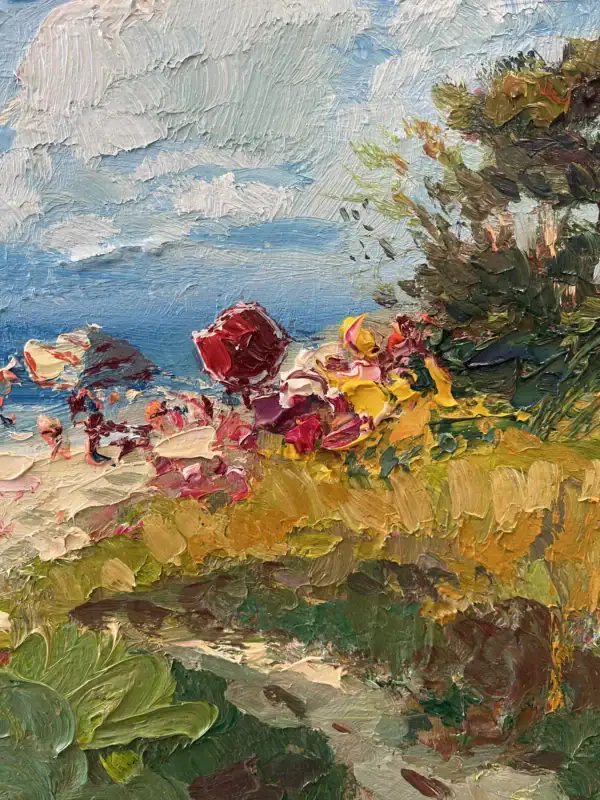 Macro view of the complete beach oil painting, highlighting the tactile quality of the layered oil paint across the entire composition, emphasizing its unique expressionist style.