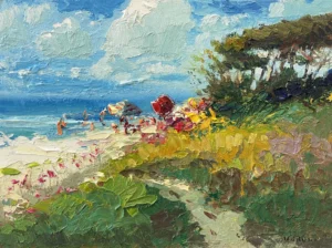 An original beach oil painting by Agostino Veroni, depicting an Italian summer coastal view with golden sand, green shrubs, and a turquoise sea under white clouds, created with heavy impasto palette knife.