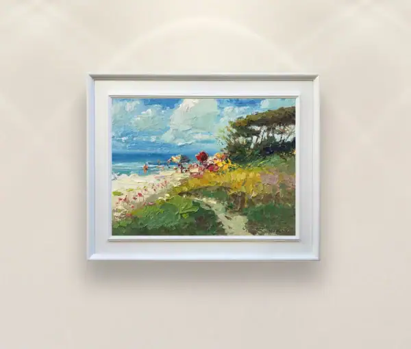 Frontal view of the original beach oil painting by Agostino Veroni, featuring a vibrant Italian summer coastal scene with a turquoise sea, golden sand, and lush greenery, presented in a clean white modern wood frame.