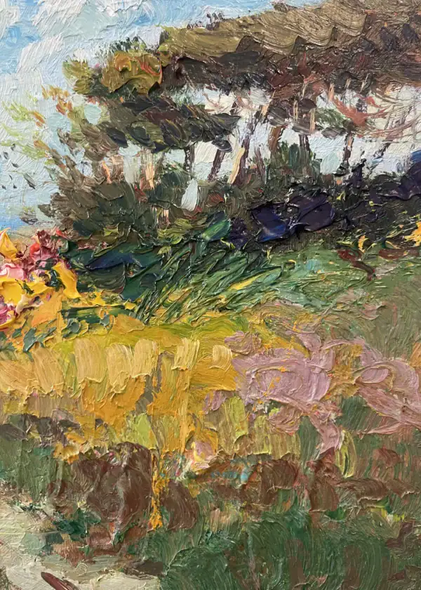 Detailed macro shot of the foreground in the beach oil painting, showcasing the heavy impasto and energetic palette knife work on the green shrubs, yellow, and red wildflowers.