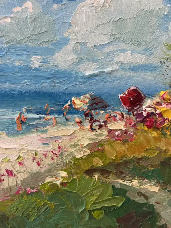 Close-up detail of the beach oil painting, focusing on the vibrant teal and turquoise sea, the distant white and grey clouds, and the thick paint application on the small figures by the shore.