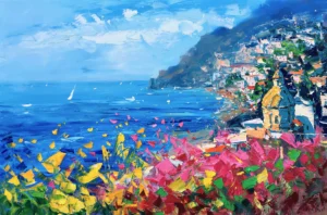 An original Positano oil painting by Agostino Veroni, featuring the colorful houses and the golden dome of the Amalfi Coast with heavy impasto and palette knife texture.
