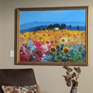 Hand-painted textured sunflower field oil painting in a gold frame, customer review by Stacie - Agostino Veroni Art.