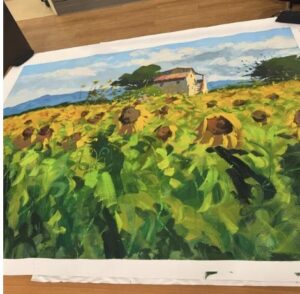 Original sunflower oil painting by Agostino Veroni displayed in a collector's home - Tuscany Landscape review.