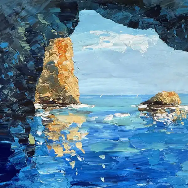 Close-up detail highlighting the thick palette knife layers of golden, beige, and white oil paint shaping the coastal cliffs and their bright reflection on the sea.