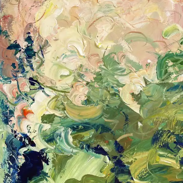 Detailed macro shot highlighting the dynamic blending of rich greens, sage, and soft pink abstract botanical brushstrokes.