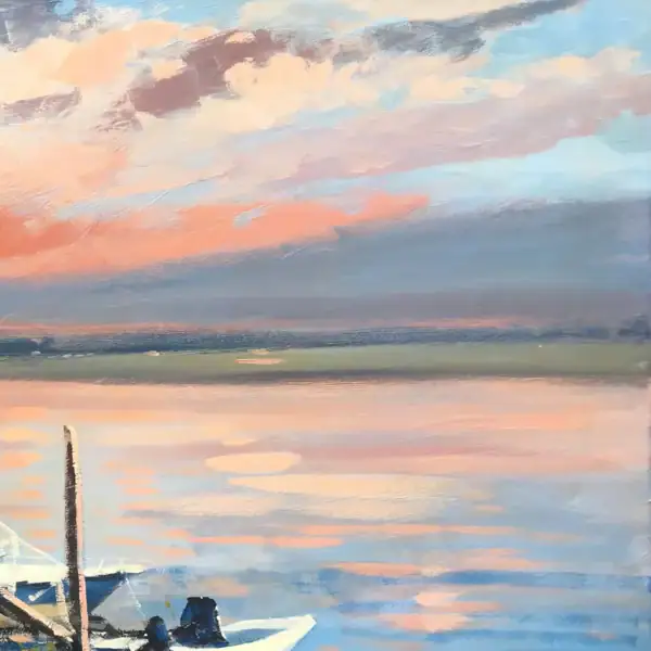 Macro view of the right section of the canvas, showing thick palette knife strokes of pink, orange, and soft violet reflections on the water surface.