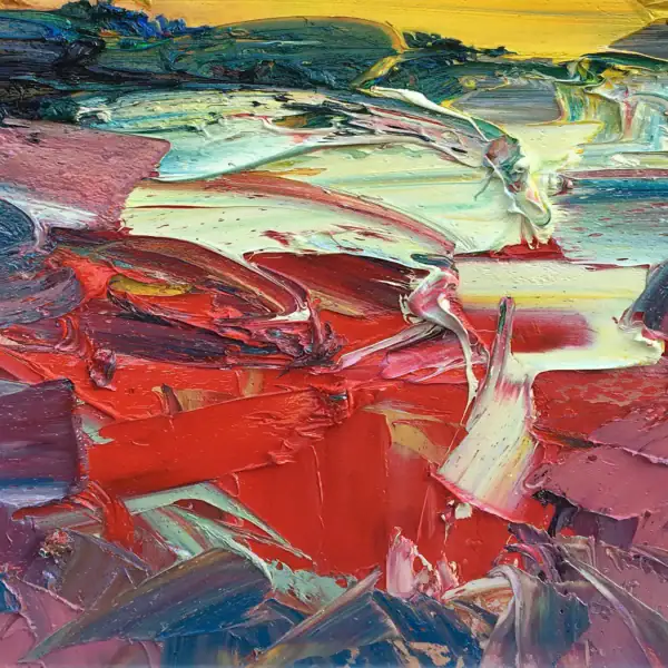 Macro detail of an abstract expressionist oil painting, showing thick layers of red impasto and dynamic palette knife textures.