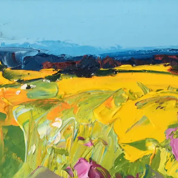 Close-up of the upper part of the canvas, showing the abstract interpretation of the Tuscany horizon with blue and yellow tones.