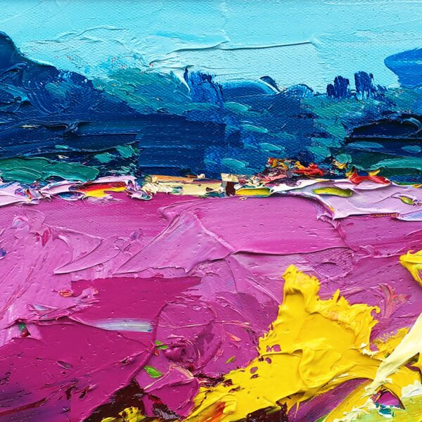 Close-up of the palette knife technique showing the thick texture of the blue sky and the vibrant purple lavender field.
