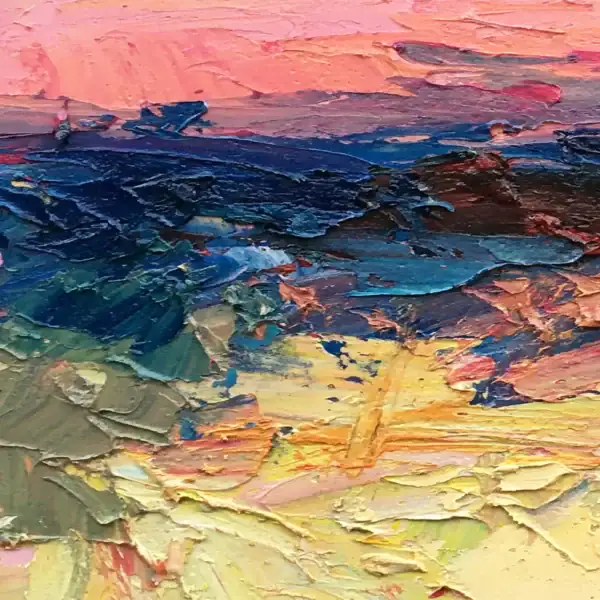 Detailed view of the upper section of the painting, focusing on the soft pink and lavender sky and the rich, tactile surface created with the heavy impasto technique.