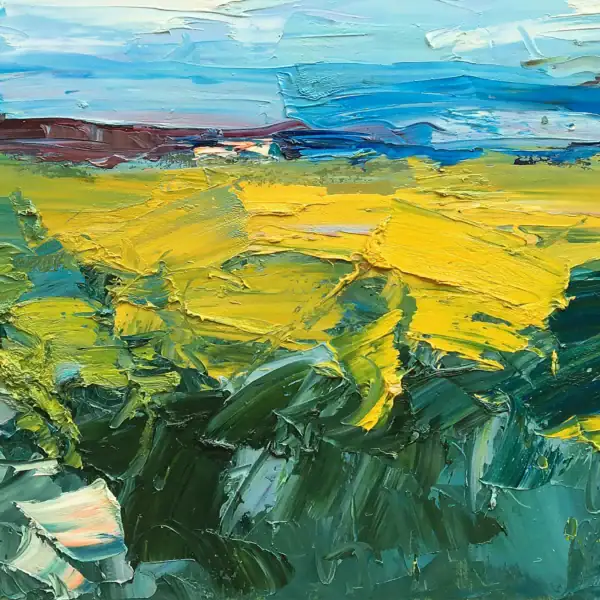 Detailed view of the vibrant color transitions and the tactile surface of an original abstract landscape, highlighting the dynamic interaction between light and oil paint.