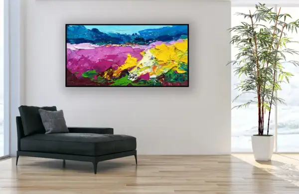Large horizontal abstract landscape painting of lavender and sunflowers by Agostino Veroni, displayed in a minimalist room with a black chaise longue.