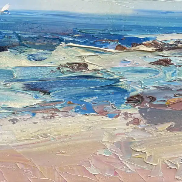 Macro view of the lower left section, highlighting the sculptural layers of white and cerulean paint defining the coastal waves.