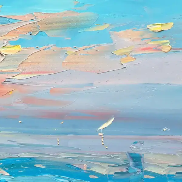 Macro view of the right section of the artwork, showcasing the serene and delicate blending of soft blue, violet, and pale pink hues on the sea surface.