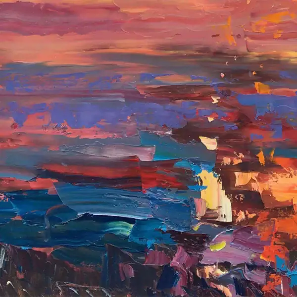 Close-up of the central horizon line in the sunset painting, showing the energetic transition between the fiery orange sky and the deep blue sea textures.