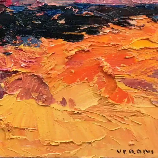 Macro shot of the lower section of the abstract landscape, showing the thick palette knife strokes in ocher and orange, with the artist's signature clearly visible.