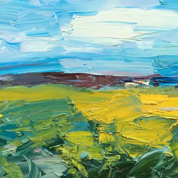 Close-up detail of an abstract landscape oil painting, showing the thick, textured palette knife strokes and the rich layering of golden yellow and deep green paint.