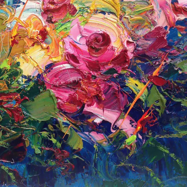Close-up detail of the heavy impasto texture highlighting the thick, sculptural palette knife strokes on the pink rose petals.