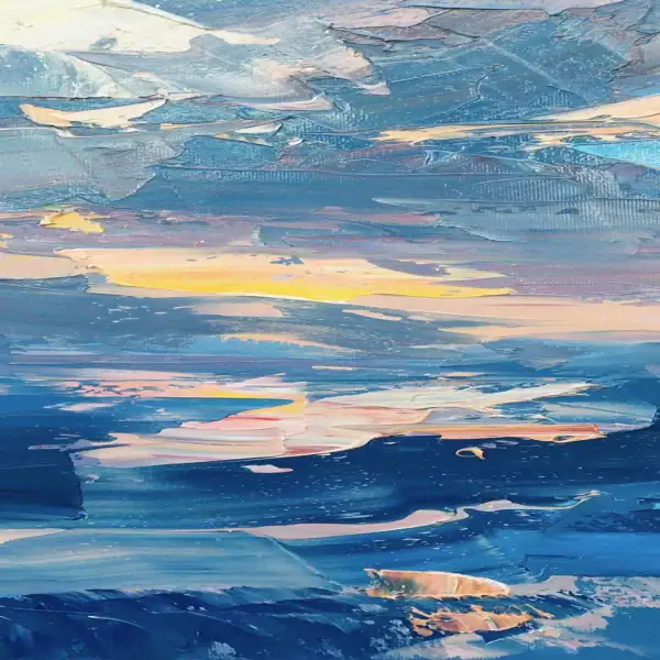 Close-up vertical detail of the left section of the canvas, showing thick palette knife strokes of pink, grey, and cream clouds above deep blue ocean waters.