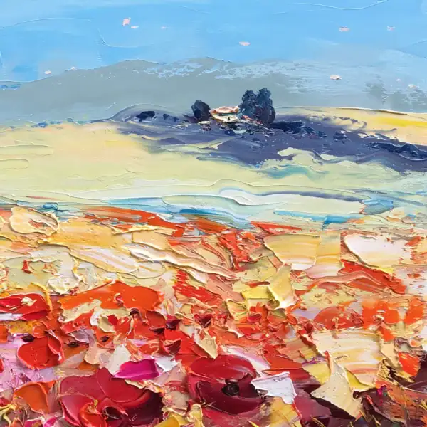 Close-up vertical detail focusing on the serene blue hills, rural country house, and dark green cypress trees on the horizon.