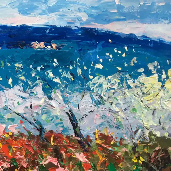 Macro view of the right section of the artwork, showing the dynamic contrast between deep blue hills and thick white paint layers of blooming branches.