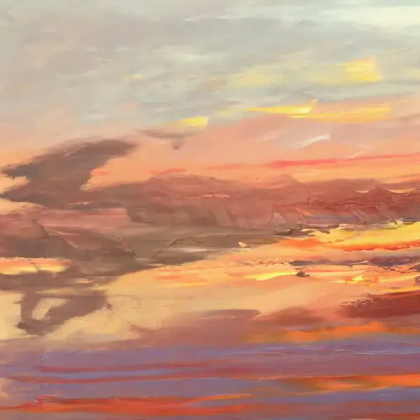 Macro view of the upper right section of the seascape artwork, highlighting the textured blends of yellow ocra, cream, and soft grey in the sky.