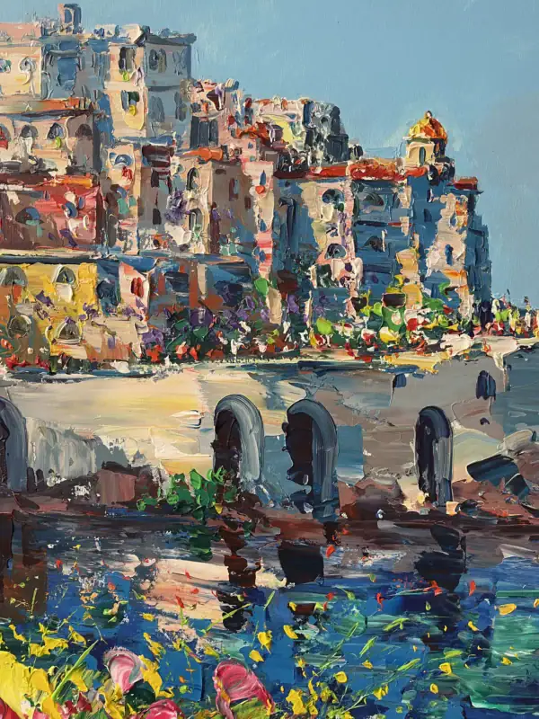 Close-up detail showing the architectural stone arches by the water and the rich, thick palette knife strokes of red and yellow blooming blossoms in the foreground.