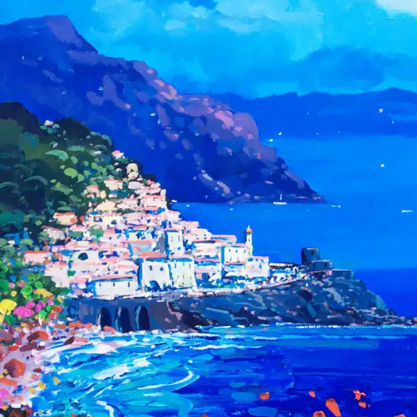 Close-up macro view focusing on the historic white houses cascading down the rugged coastal mountains into the blue sea.