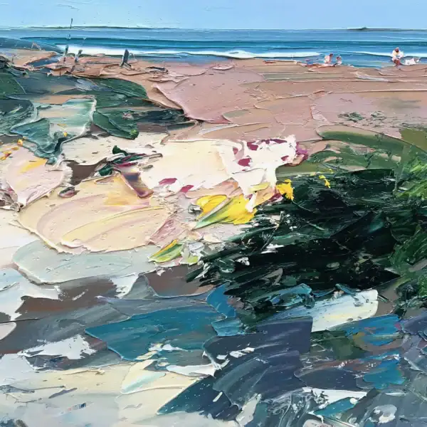 Close-up detail of the central part of the artwork, showing the heavy impasto technique used for the sand and the distant blue sea.