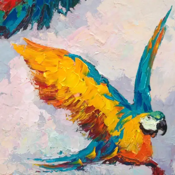 Detailed macro shot highlighting the rich texture and vibrant yellow and cyan oil paint layers of the parrot in the foreground.