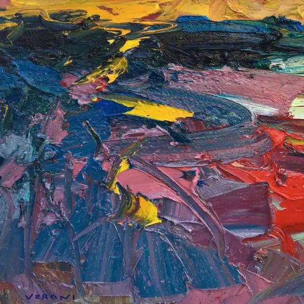 Detailed view of the expressive brushwork and deep blue and purple tones in Agostino Veroni's abstract expressionist painting.