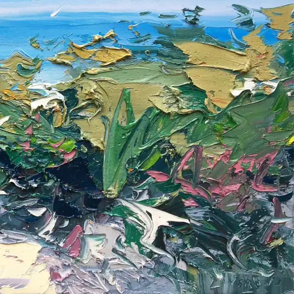 Extreme close-up of the bold relief and thick paint layers on the coastal shrubs, showcasing the expressive and modern style of Agostino Veroni.